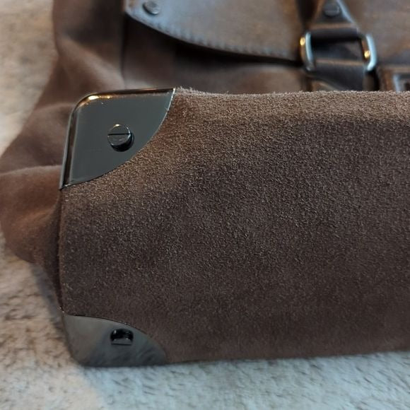 Kenneth Cole Brown Suede Leather Wider Satchel Shoulder Bag Fold Over Flap Purse