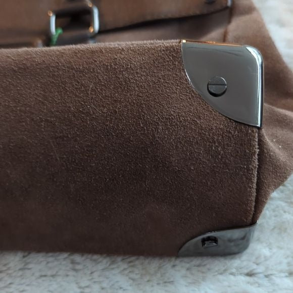 Kenneth Cole Brown Suede Leather Wider Satchel Shoulder Bag Fold Over Flap Purse