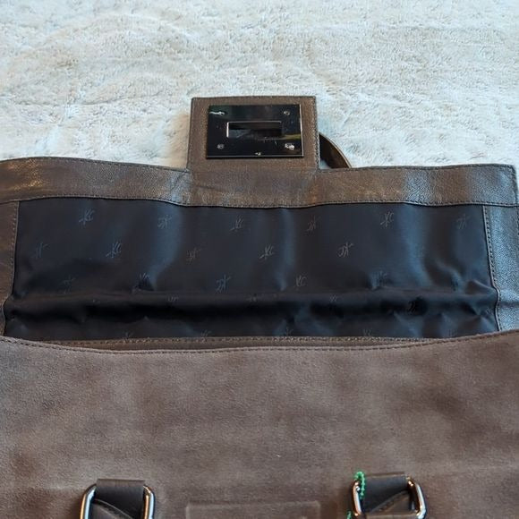 Kenneth Cole Brown Suede Leather Wider Satchel Shoulder Bag Fold Over Flap Purse