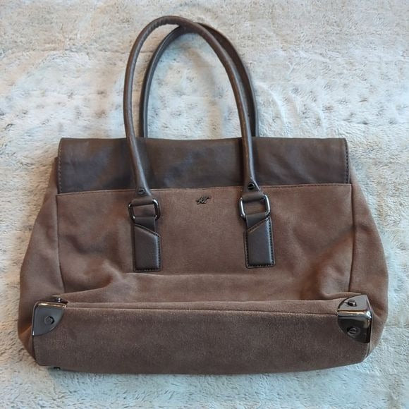 Kenneth Cole Brown Suede Leather Wider Satchel Shoulder Bag Fold Over Flap Purse