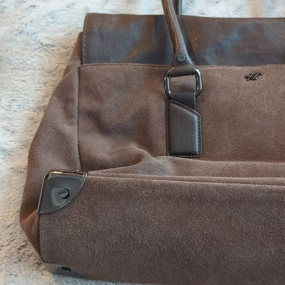 Kenneth Cole Brown Suede Leather Wider Satchel Shoulder Bag Fold Over Flap Purse