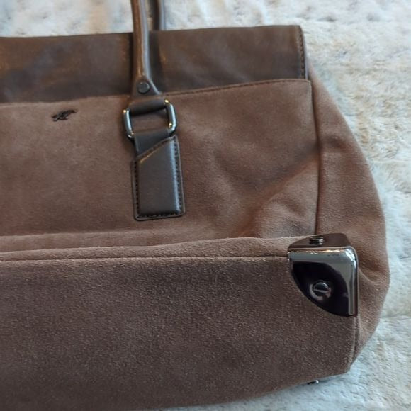 Kenneth Cole Brown Suede Leather Wider Satchel Shoulder Bag Fold Over Flap Purse