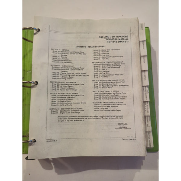 JOHN DEERE 650 AND 750 TRACTORS TECHNICAL MANUAL Binder TM1242