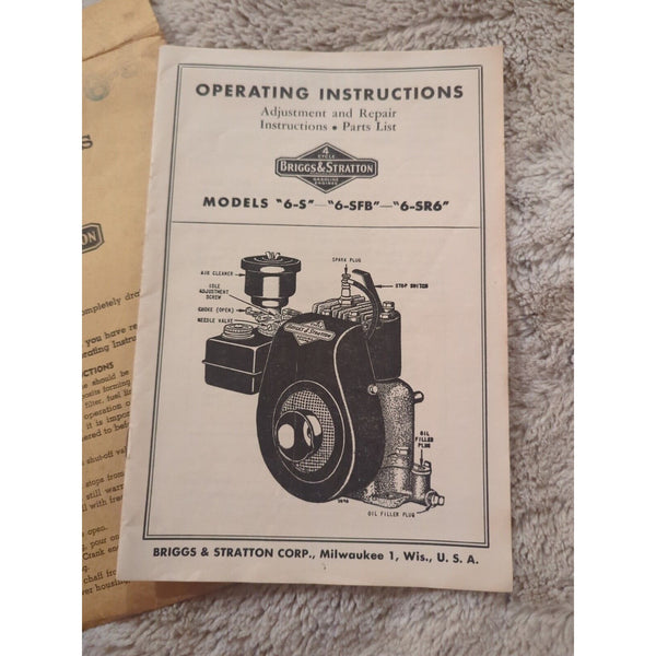 Briggs Stratton 6S 6Sfb 6Sr6 Engine Service Repair Operator Operatin Part Manual