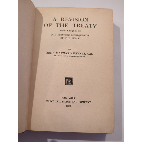 A Revision of the Treaty.John Maynard Keynes HC 1922 Vtg Harcourt Brace 1st Ed