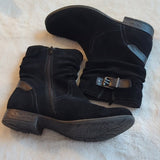 Earth Avani Butternut Size 11 Women's Black Suede Zip Ankle Boots Buckle Accent