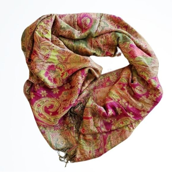 Pashmina Silk Schawl Scarf Wrap Floral and Paisley Design w Tassels Pink Gold