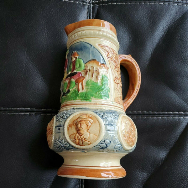 Large “K” glazed, hand painted 10.5” pitcher w/raised designs, 6.5" wide, Japan