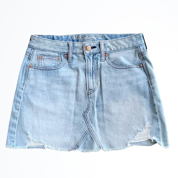 American Eagle Light Wash Distressed Above The Knee Blue Denim Jean Skirt Size 2