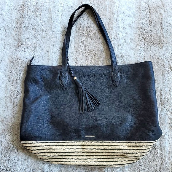 Rebecca Minkoff Black Leather and Beige Horizontal Stripe Shoulder Bag Tote