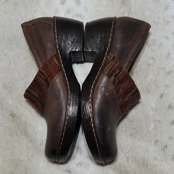 Born BOC Brown Leather Mules With Cloth Upper Detailing Heeled Size 11M