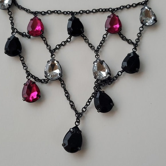 Boutique Black Linked Necklace w Faux Stones Black Clear and Pink