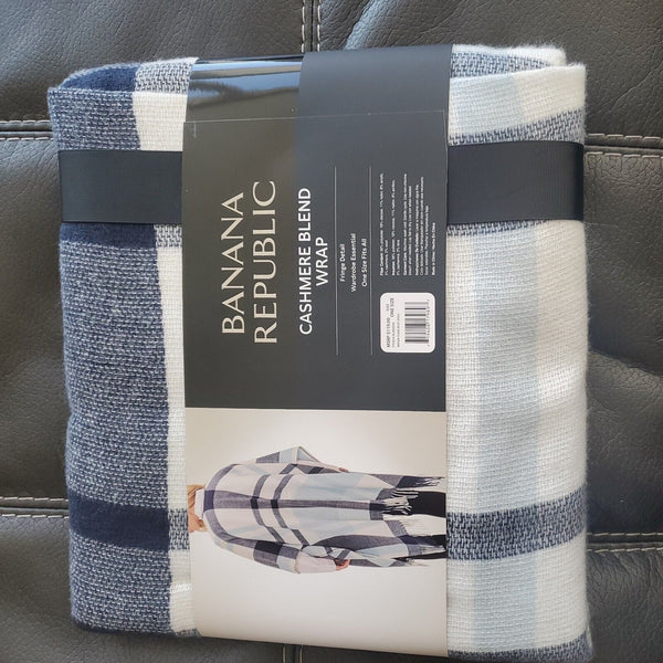 NWT Banana Republic Women's Cashmere Blend Blanket Wrap Fringe Blue White $119