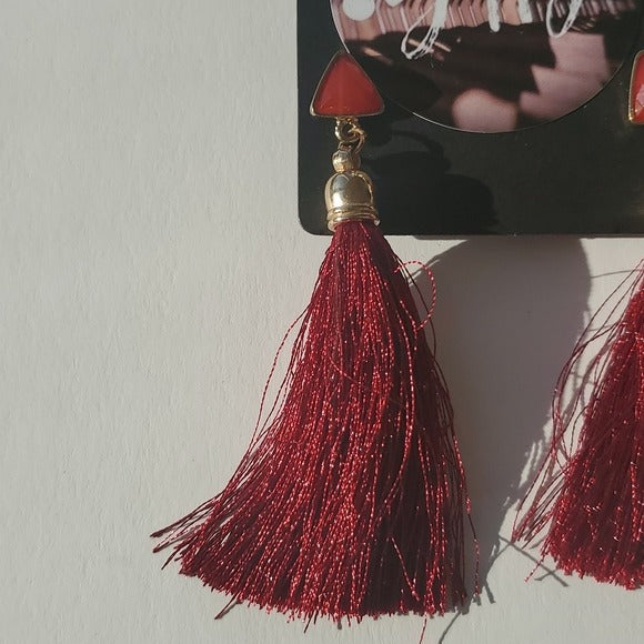 Boutique Two Pair Gold Tone Triangle Studs and Long Dark Red Tassel Earrings