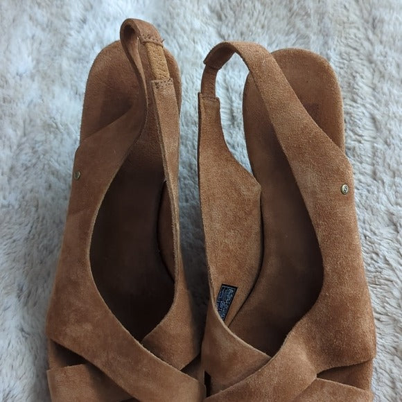 UGG Light Brown Hazel Suede Leather Slingback Open Toe Wedge Sandals Size 9