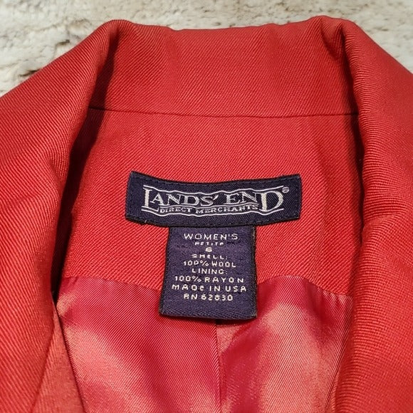 Lands' End Red 100% Wool Long Blazer Jacket Size 6