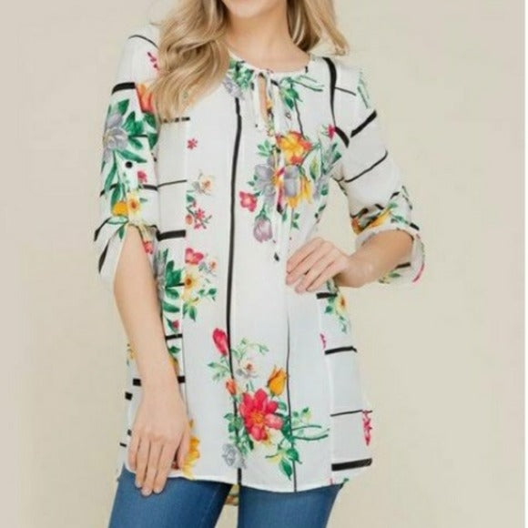 NWT Vision USA White Floral Stripe Keyhole Tunic Top