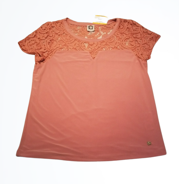 NWT Anne Klein Rose Gold Short Sleeved Lace Top Size S