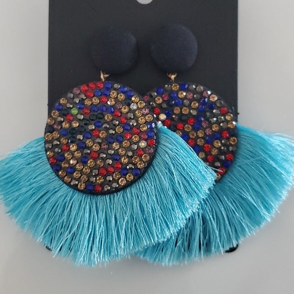 Boutique Light Blue and Multi Color Accent Large Fringe Earrings