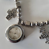 Boutique Silver Tone Charm Bracelet w Crossses and Watch Face