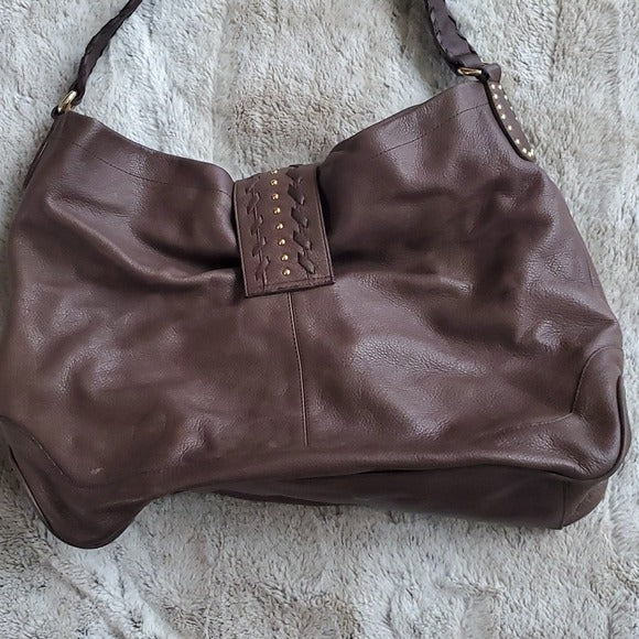 Ann Taylor LOFT Brown Leather Slouchy Hobo Tote w Flip Top Closure Purse Bag