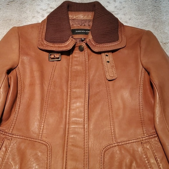 Jones New York Tan Soft Leather Bomber Jacket Size M