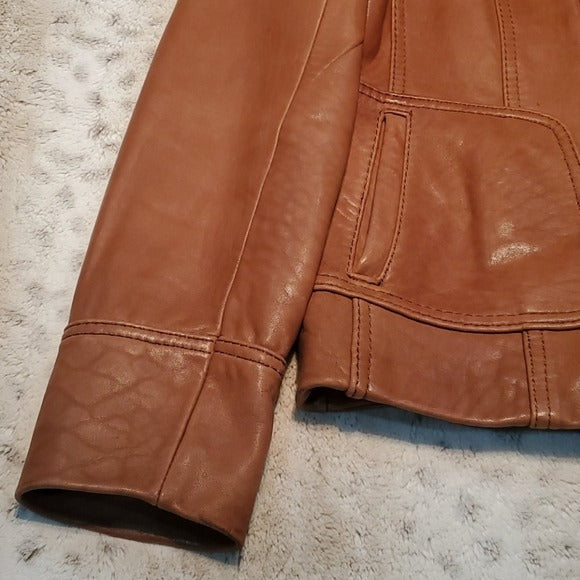 Jones New York Tan Soft Leather Bomber Jacket Size M