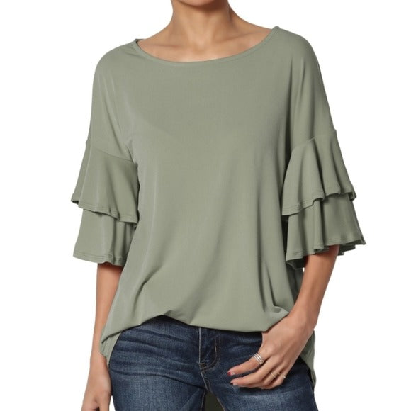 NWT Sioni Short Ruffle Sleeve Crew Blouse Size S