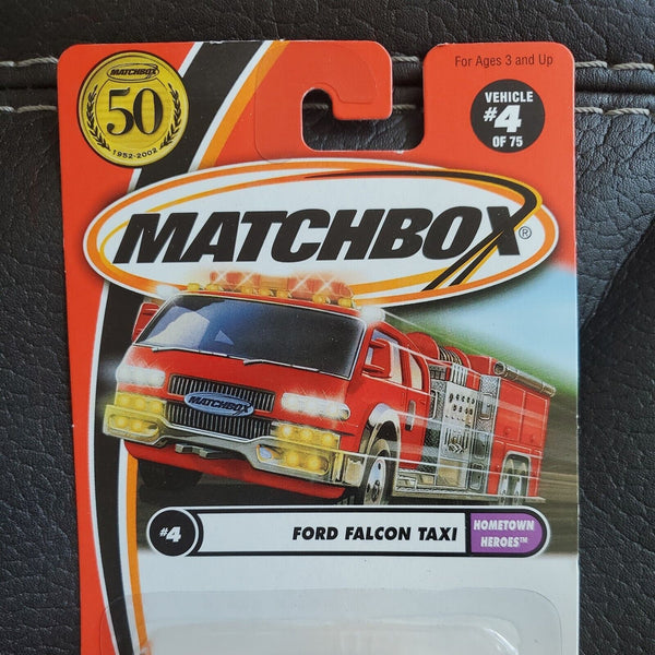 2002 Matchbox MB 4 of 75 Hometown Heroes Ford Falcon Taxi Yellow 95200 Car NEW