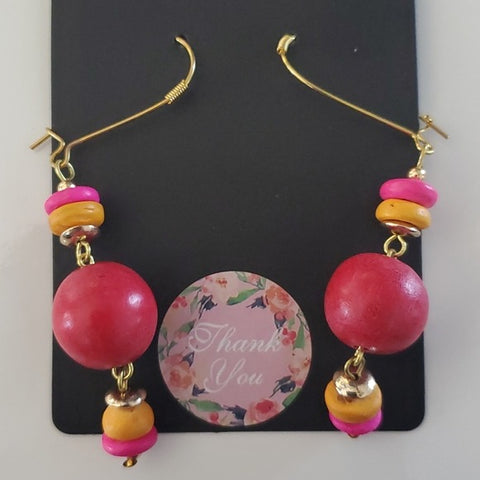 Boutique Dangling Wooden Red Pink Gold Earrings