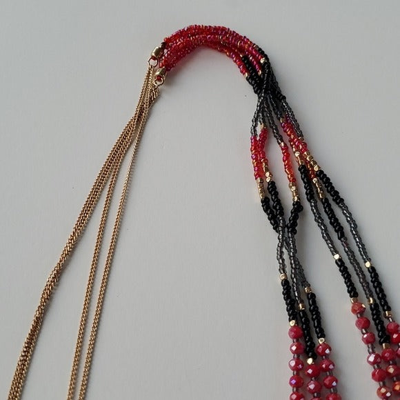 Express Gold Tone and Red and Black Multiple Stranded Long Necklace