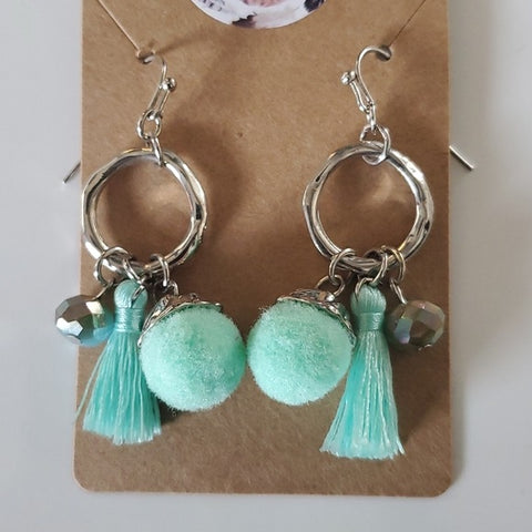 Boutique Silver Tone and Faux Stone w Fabric Accent Dangle Earrings