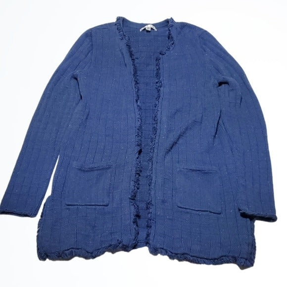 Cabi Blue Relaxed Frayed Edges Clasp Front Cardigan w Pockets Size Medium M