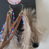 Boutique Dangle Embellished Earrings Feather Beads and Leather Strip