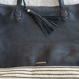 Rebecca Minkoff Black Leather and Beige Horizontal Stripe Shoulder Bag Tote