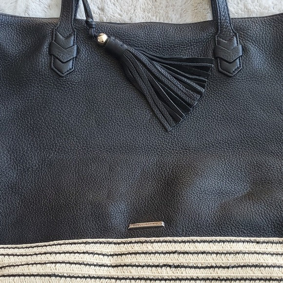 Rebecca Minkoff Black Leather and Beige Horizontal Stripe Shoulder Bag Tote