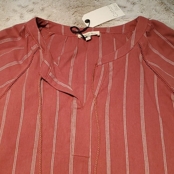 NWT Cotton Bleu Cinnamon V Neck Striped Blouse Tassels