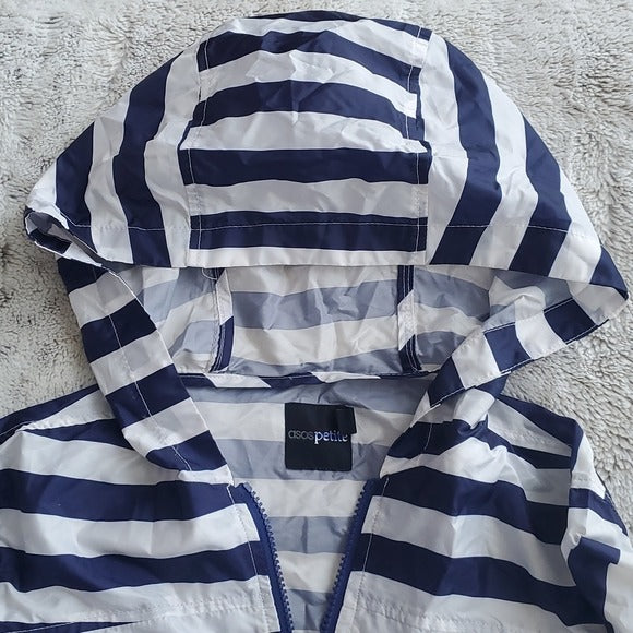 ASOS Petite Navy and White Horrizontal Striped Hooded Longer Windbreaker Size 8P