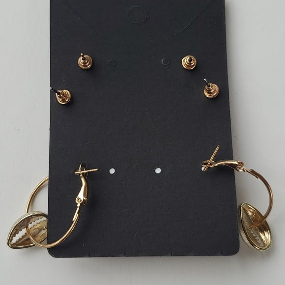 Boutique Three Pair Gold Tone Earrings Bar Studs Faux Pearl's Dangling Shells