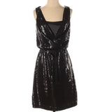 NWT WHBM Black Sequin Conservative Sheath Dress w Tie Size 10