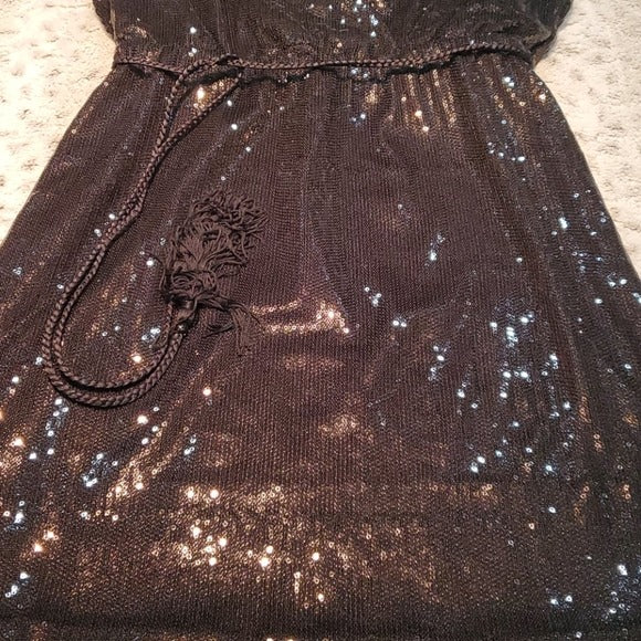 NWT WHBM Black Sequin Conservative Sheath Dress w Tie Size 10