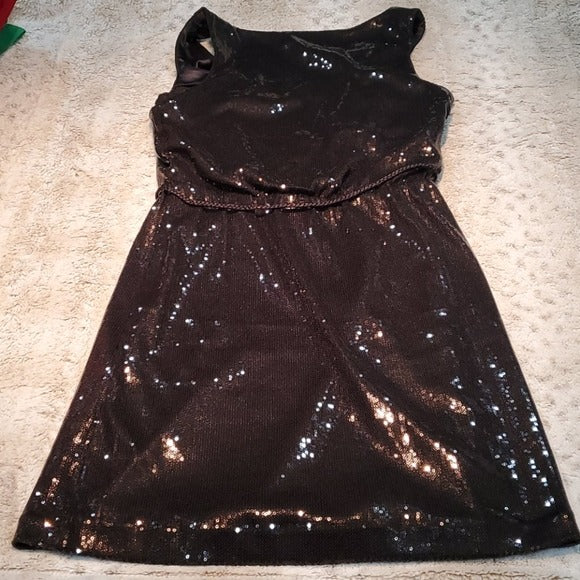 NWT WHBM Black Sequin Conservative Sheath Dress w Tie Size 10