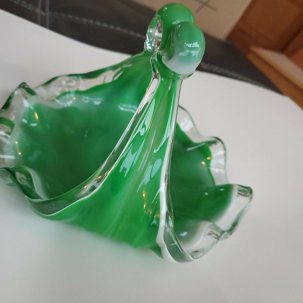 Vintage Green Depression Glass Unique Curved Swirl Candy Dish w/Handle 8 x 7 x 6