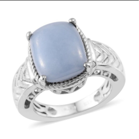 STS Karis Blue Mexican Angelite Solitare Platinum Bond Ring w Filigree Size 7