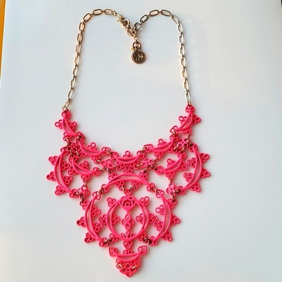 Jessica Simpson Silver Tone and Pink Filigree Detailed Wide Necked Necklace