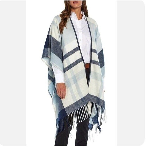 NWT Banana Republic Women's Cashmere Blend Blanket Wrap Fringe Blue White $119