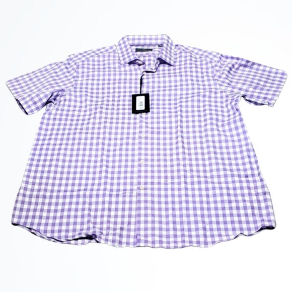 NWT Hart Schaffer Marx Purple White Checkered Short Sleeve Button Up Size XL