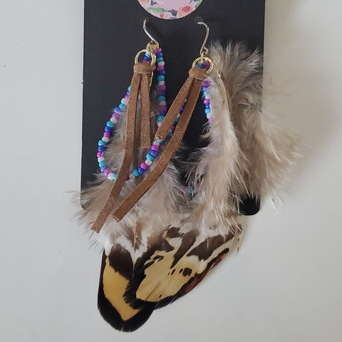 Boutique Dangle Embellished Earrings Feather Beads and Leather Strip