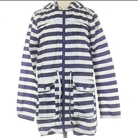 ASOS Petite Navy and White Horrizontal Striped Hooded Longer Windbreaker Size 8P