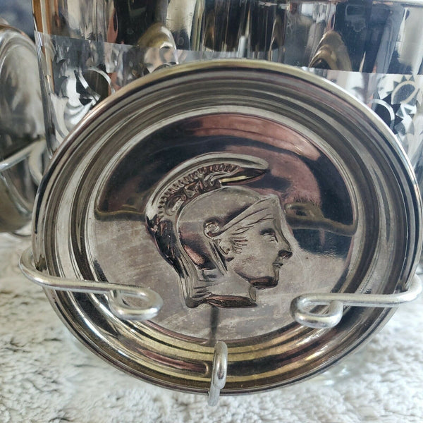 KIMIKO Bar Glasses Coasters Set Pewter Silver Roman Gladiator Crest Hi Ball Vtg